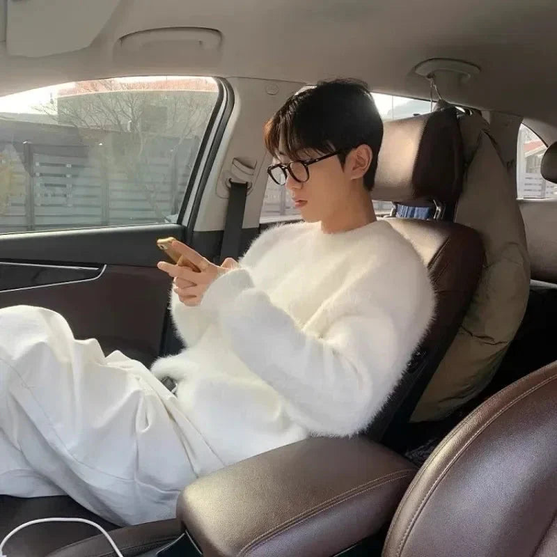 Men's Oversized Drop-Shoulder Longline Pullover in Fuzzy Knit