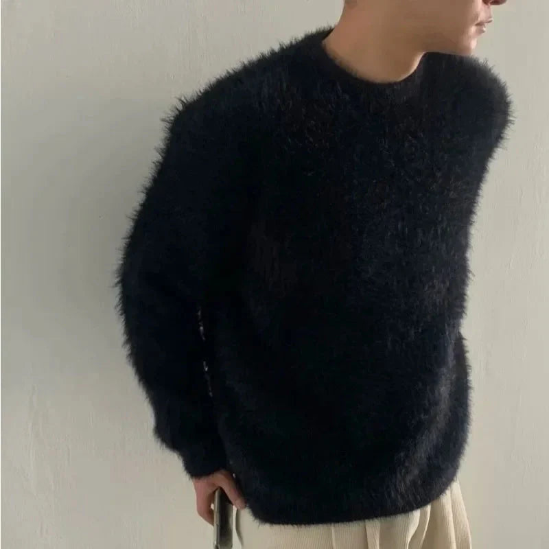 Men's Oversized Drop-Shoulder Longline Pullover in Fuzzy Knit - Black
