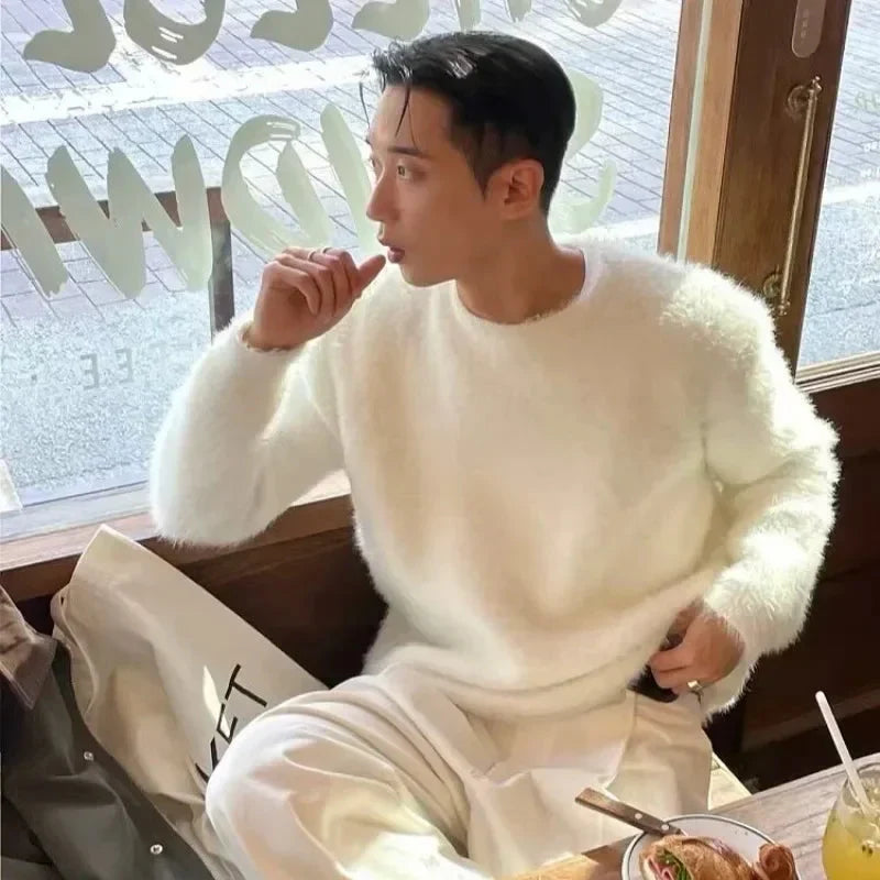 Men's Oversized Drop-Shoulder Longline Pullover in Fuzzy Knit - Cream