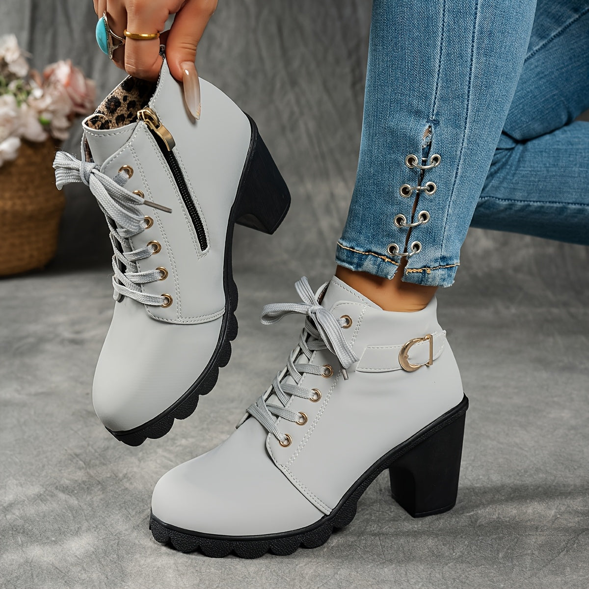 Women's Grippy Platform Ankle Boots with Front Laces and Buckle - Grey