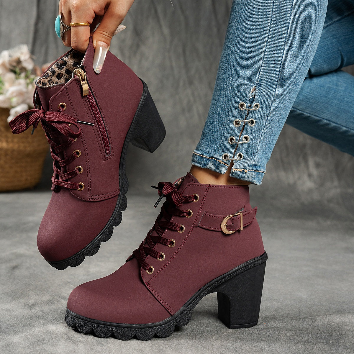 Women's Grippy Platform Ankle Boots with Front Laces and Buckle