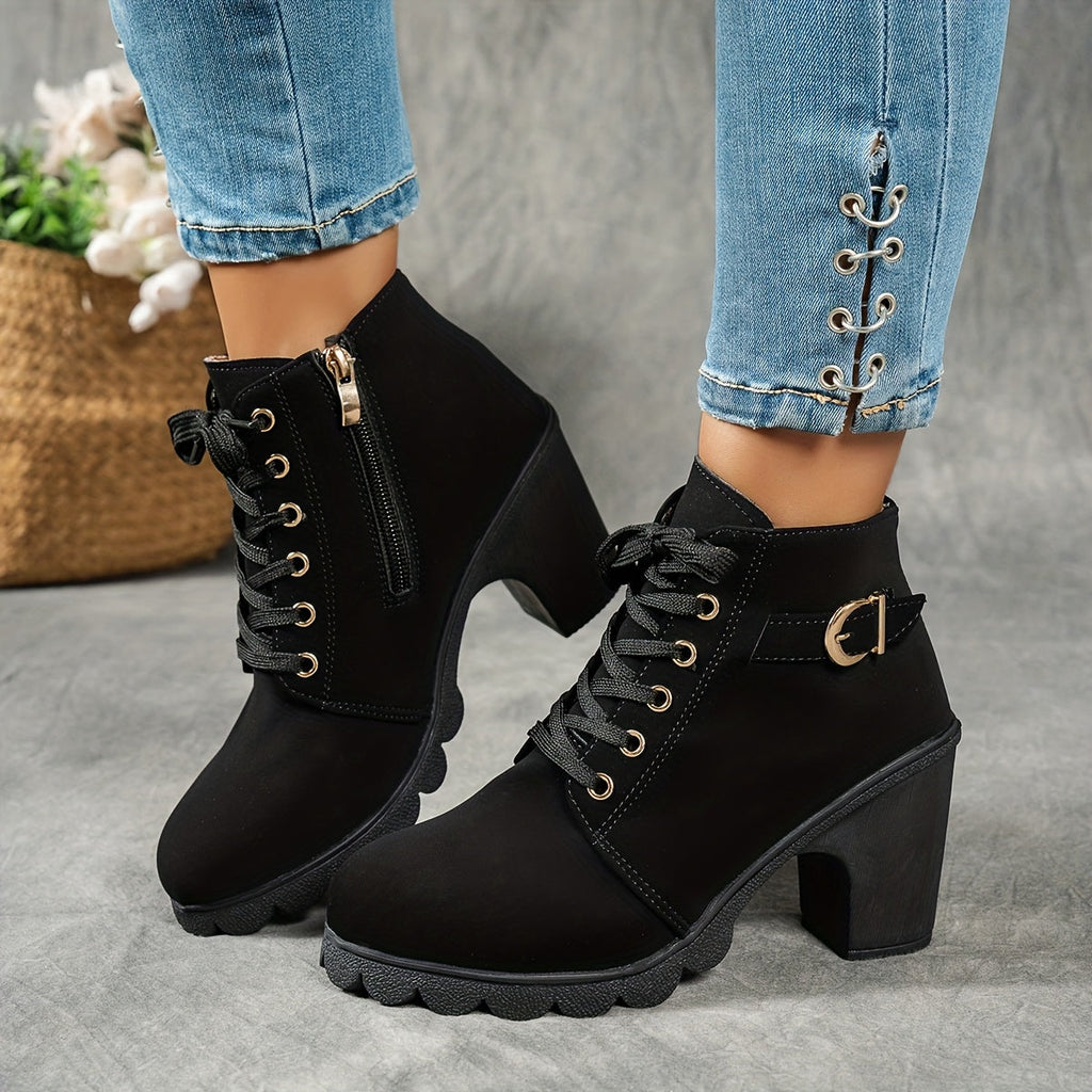 Women's Grippy Platform Ankle Boots with Front Laces and Buckle