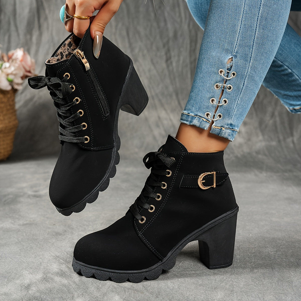 Women's Grippy Platform Ankle Boots with Front Laces and Buckle - Black