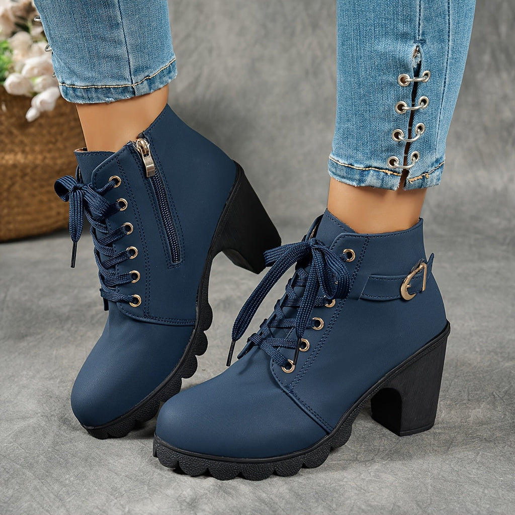 Women's Grippy Platform Ankle Boots with Front Laces and Buckle