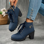 Women's Grippy Platform Ankle Boots with Front Laces and Buckle - Blue