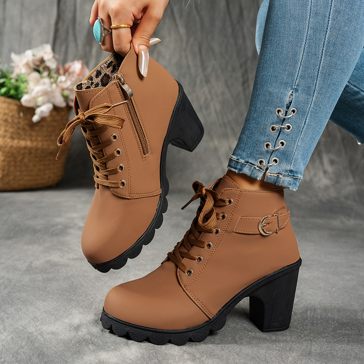 Women's Grippy Platform Ankle Boots with Front Laces and Buckle - Brown