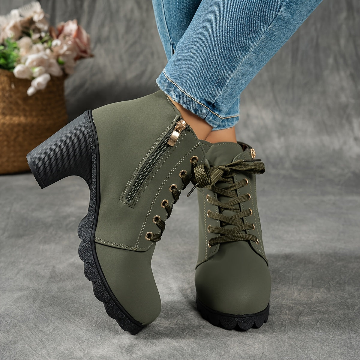 Women's Grippy Platform Ankle Boots with Front Laces and Buckle
