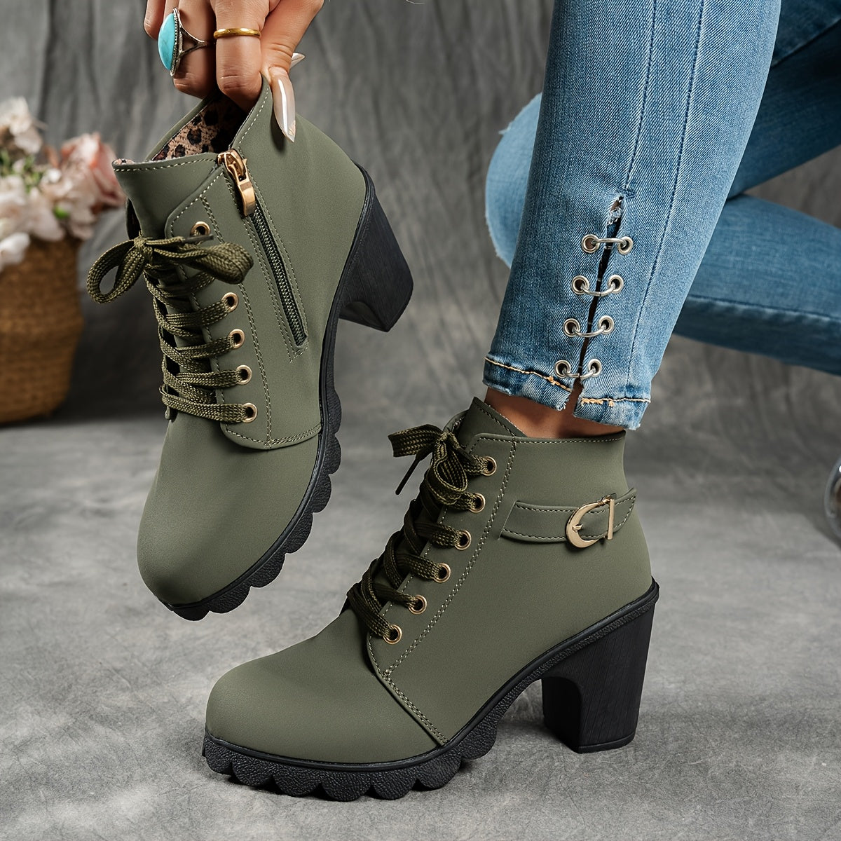 Women's Grippy Platform Ankle Boots with Front Laces and Buckle - Green