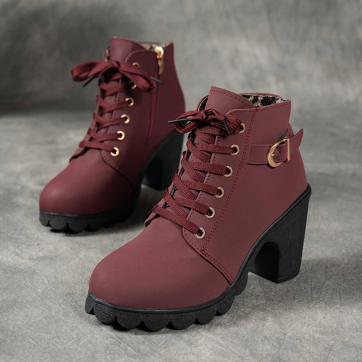 Women's Grippy Platform Ankle Boots with Front Laces and Buckle - Burgundy