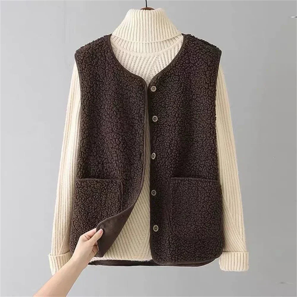 Women's Buttoned Plush Teddy Gilet with Patch Pockets - Dark Brown