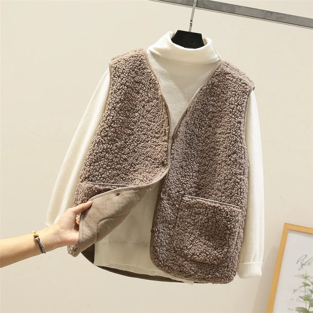 Women's Buttoned Plush Teddy Gilet with Patch Pockets - Taupe