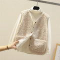 Women's Buttoned Plush Teddy Gilet with Patch Pockets - Beige