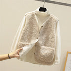 Women's Buttoned Plush Teddy Gilet with Patch Pockets - Beige