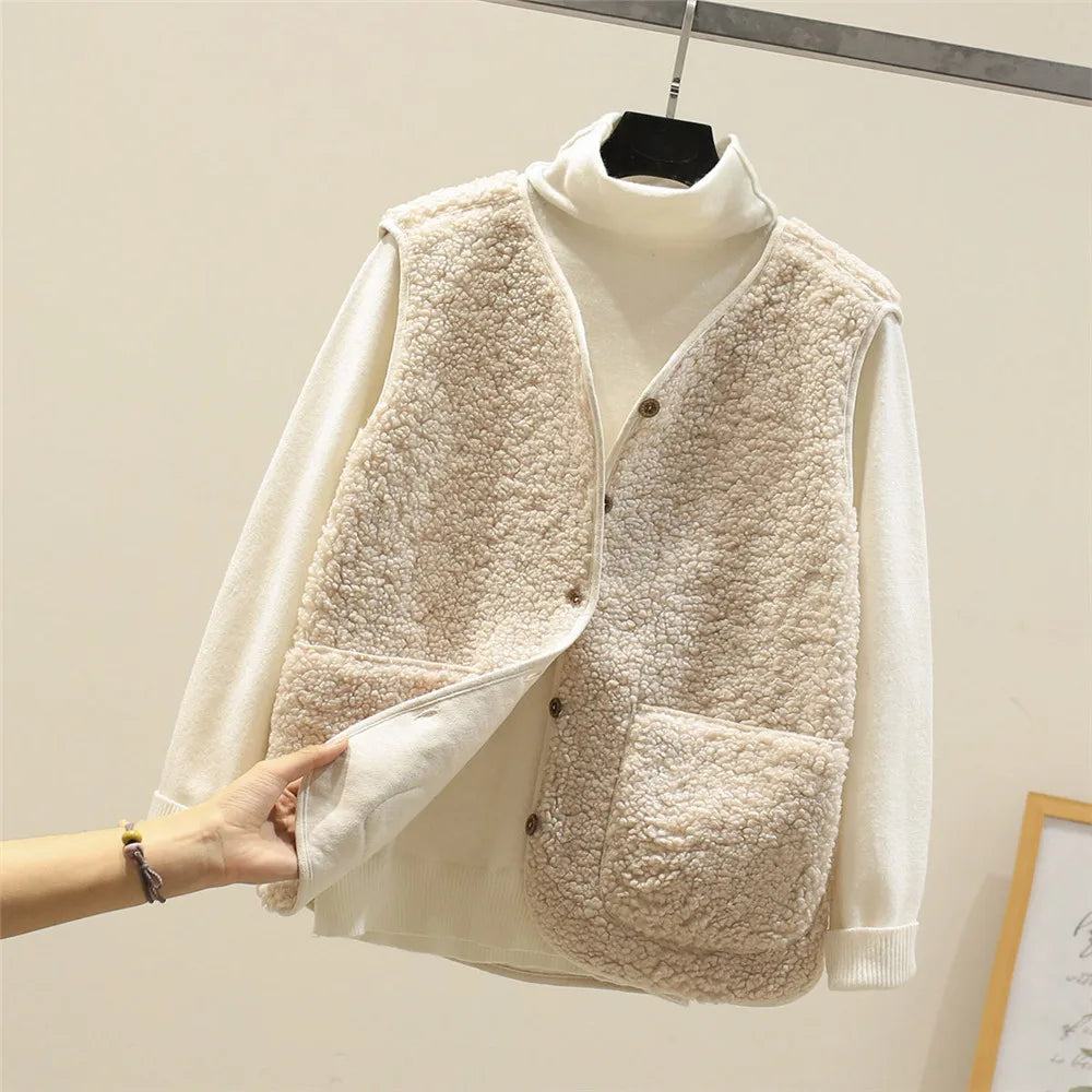 Women's Buttoned Plush Teddy Gilet with Patch Pockets - Beige