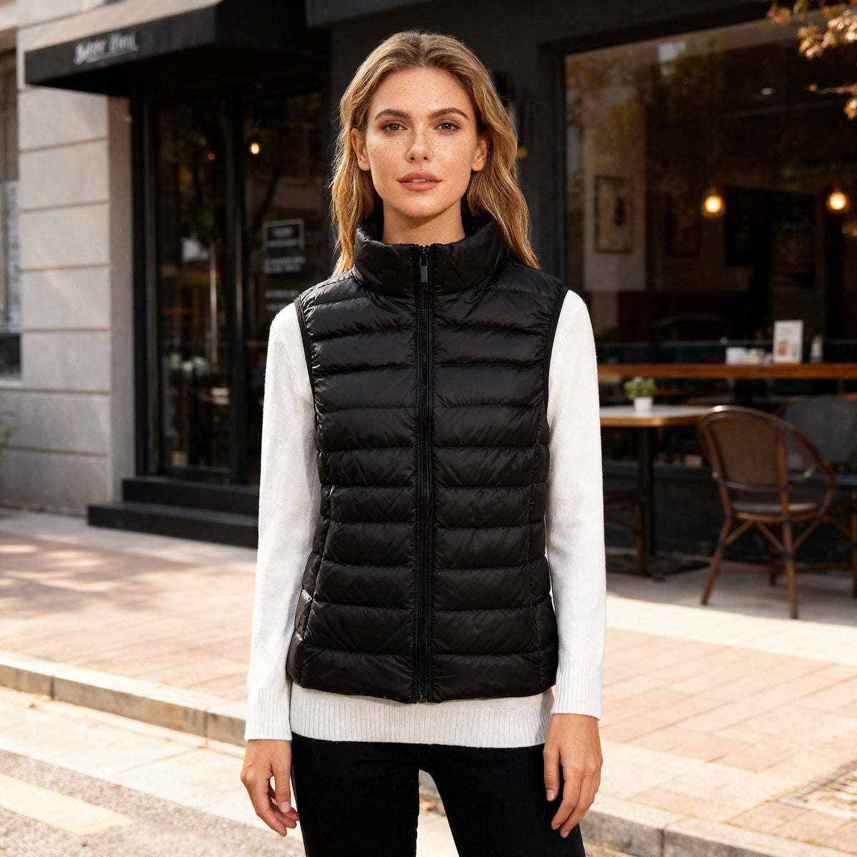 Women's Light-Padded Quilted Gilet with Tall Stand Collar - Black