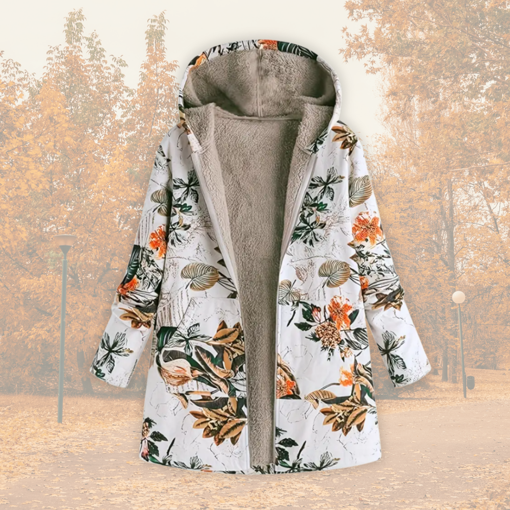 Women's Fleece-Lined Hooded Jacket in a Flower and Leaf Print - White