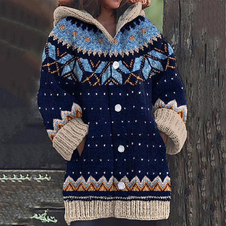 Women's Hooded Fair Isle Cardigan with Front Pockets and Ribbed Hem - Navy Blue