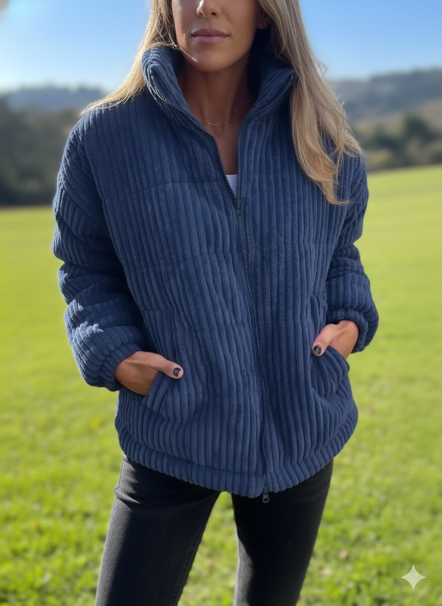 Women's Bold-Rib Corduroy Jacket with Elastic Gathered Cuffs - Dark Blue