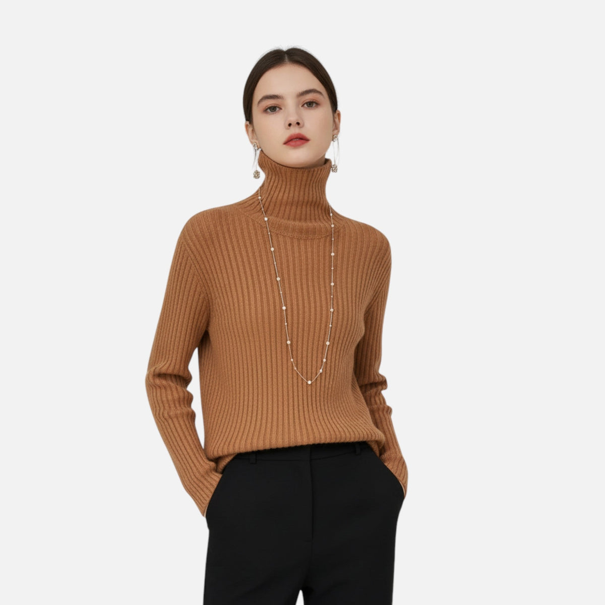 Women's Flared Umbrella-Hem Ribbed Polo Neck Jumper - Khaki