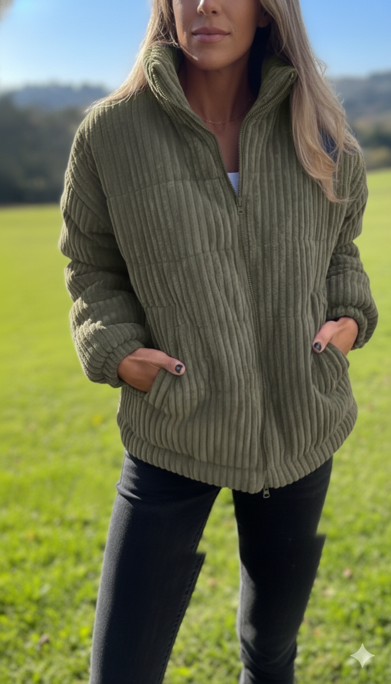 Women's Bold-Rib Corduroy Jacket with Elastic Gathered Cuffs - Olive Green