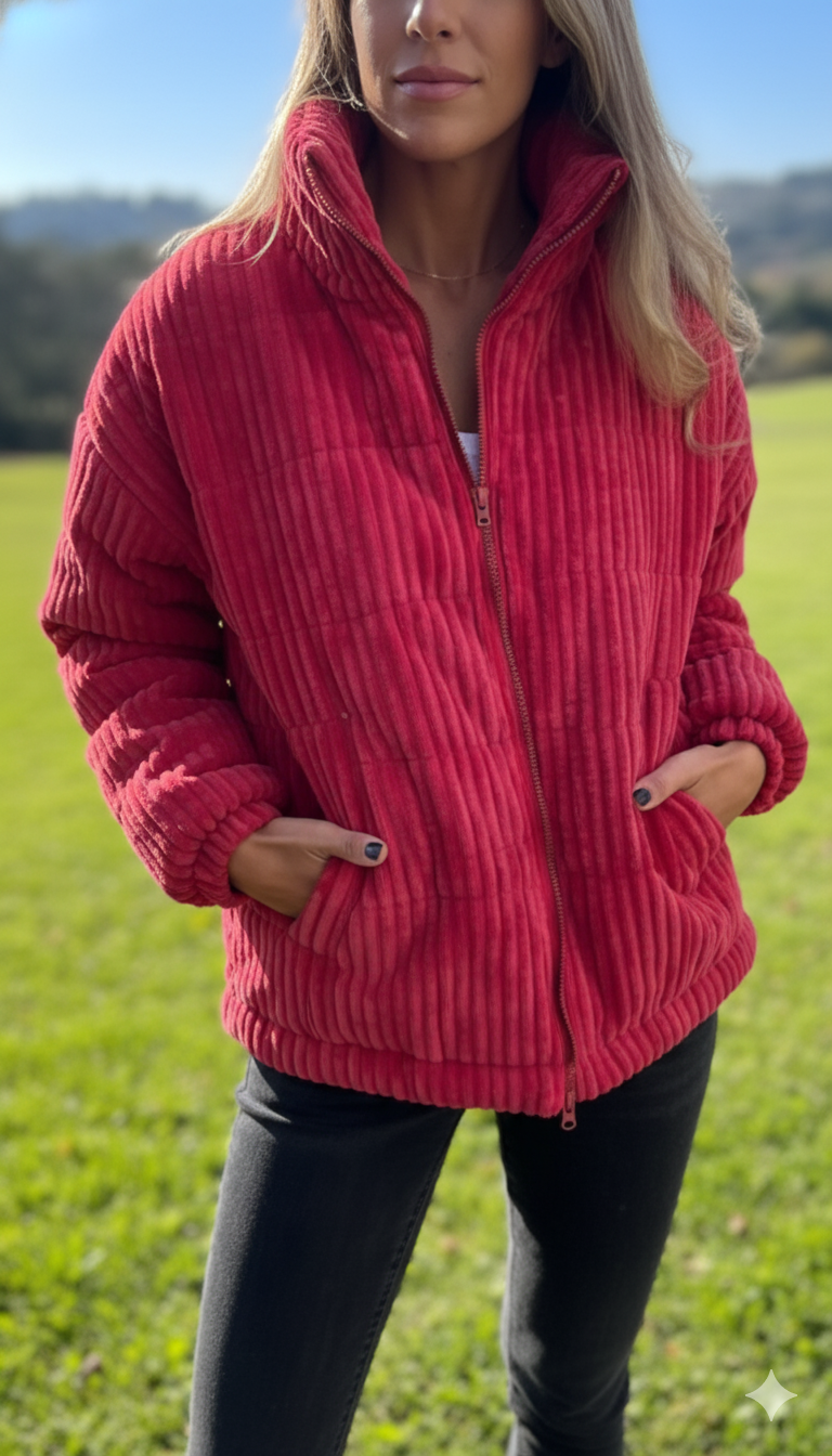 Women's Bold-Rib Corduroy Jacket with Elastic Gathered Cuffs - Hot Pink