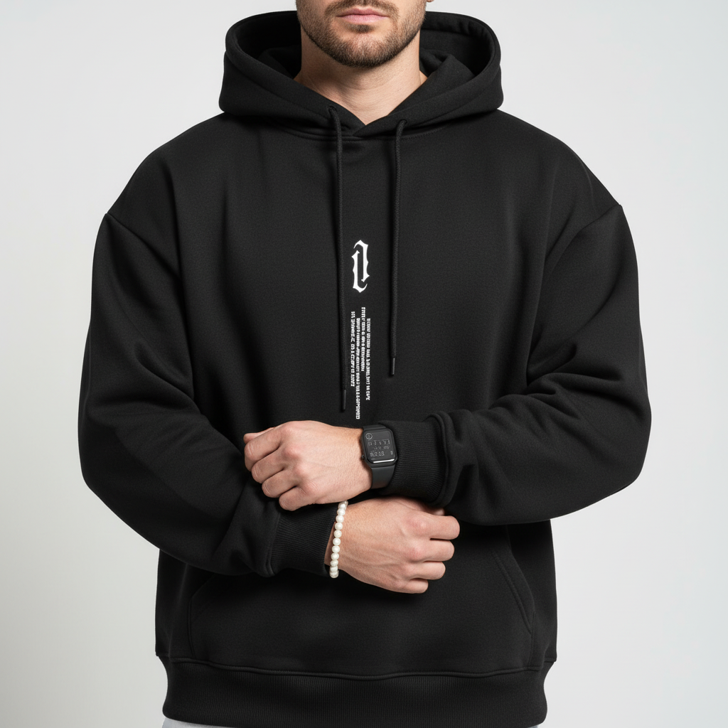 Men's Drawstring Pouch-Pocket Hoodie for Commutes and Evenings In - Black