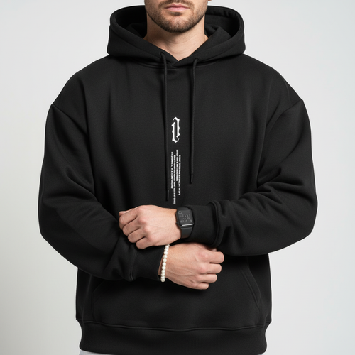 Men's Drawstring Pouch-Pocket Hoodie for Commutes and Evenings In - Black