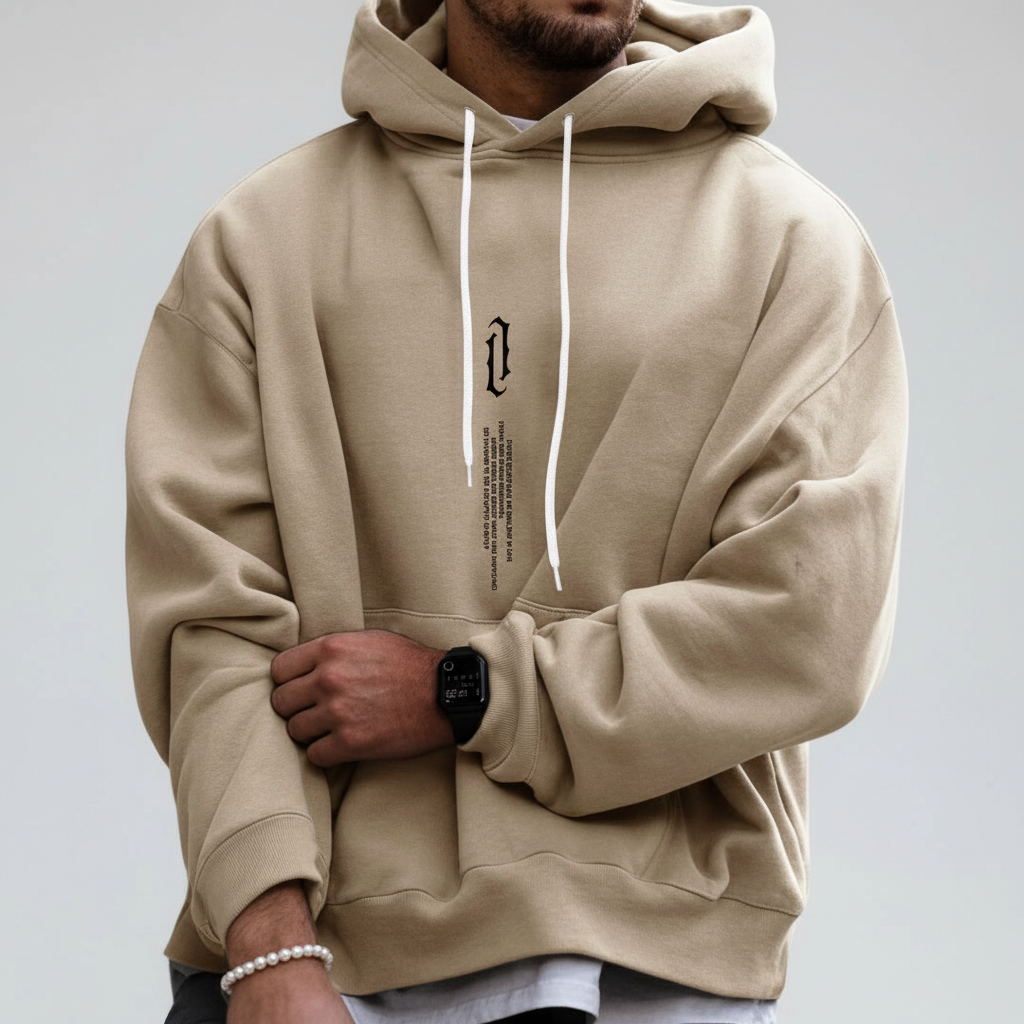 Men's Drawstring Pouch-Pocket Hoodie for Commutes and Evenings In - Beige