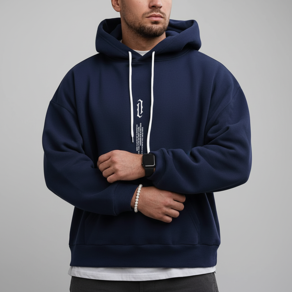 Men's Drawstring Pouch-Pocket Hoodie for Commutes and Evenings In - Dark Blue