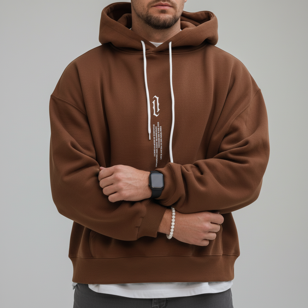 Men's Drawstring Pouch-Pocket Hoodie for Commutes and Evenings In - Brown