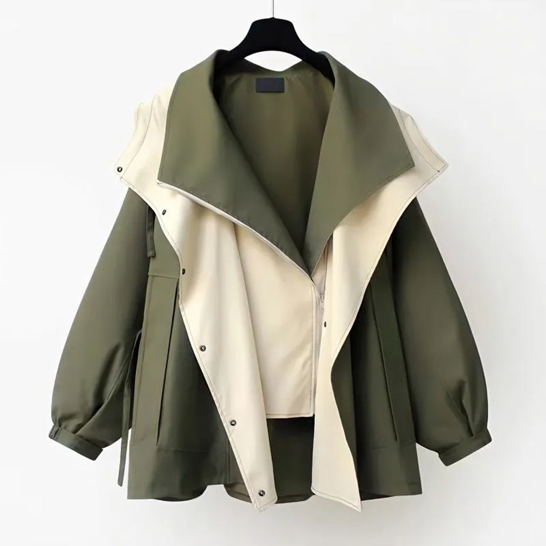 Women's Wind-Resistant Oversized Trench Mac with Layered Collar - Olive Green