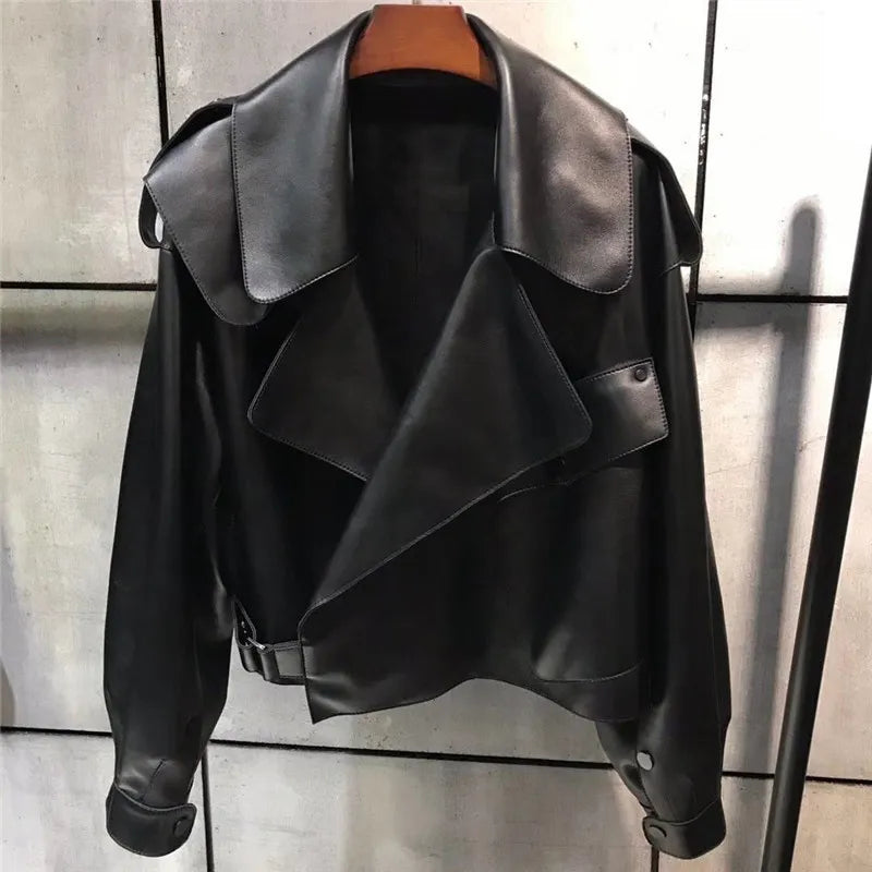 Women's Open-Front Leather-Look Crop Jacket with Statement Lapels - Black