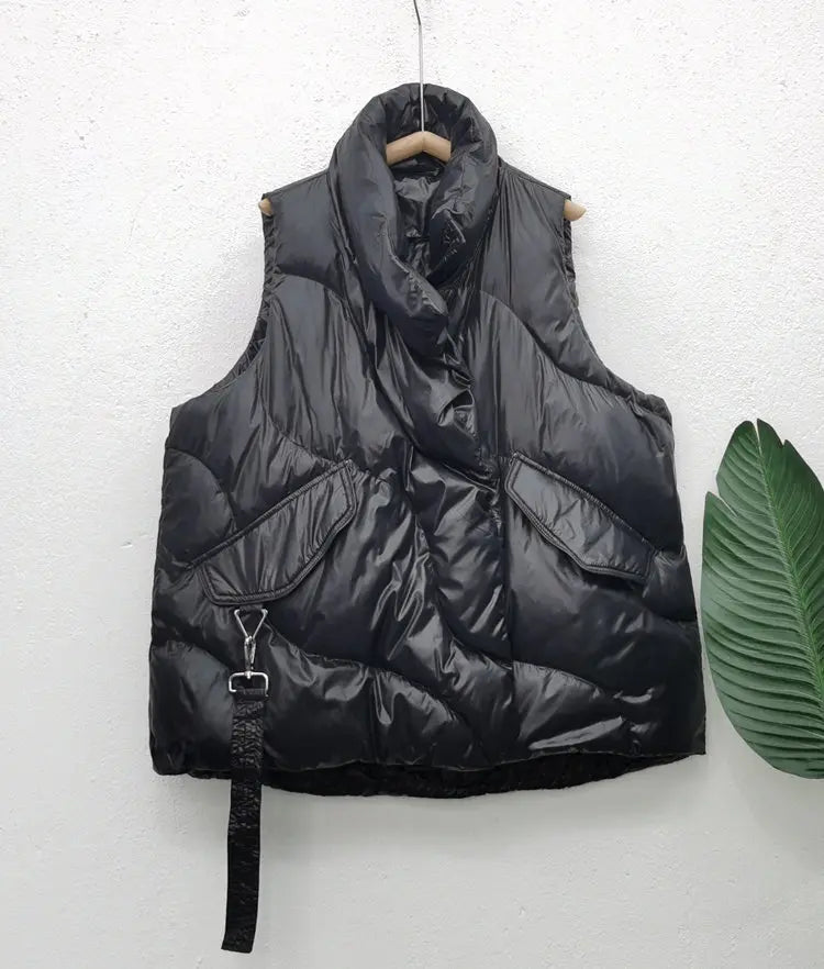 Women's Oversized Padded Gilet with Drawstring Hem and Subtle Sheen - Black