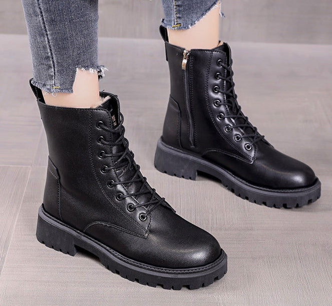 Women's Leather Commuter Ankle Boots with Thick Tread Sole and Zip