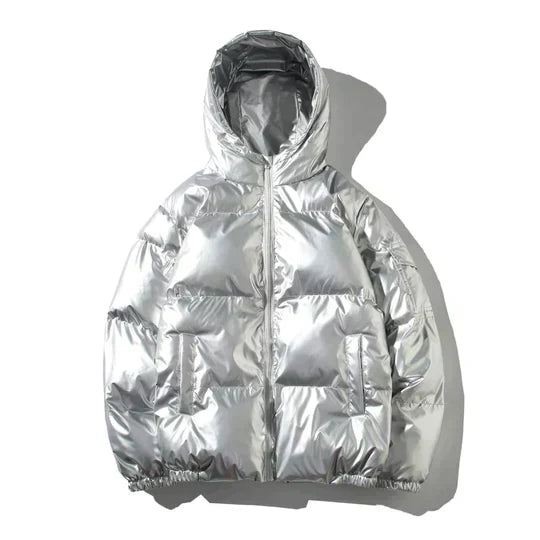 Men's Waterproof Metallic-Sheen Puffer with Multi-Layer Lining - Silver A