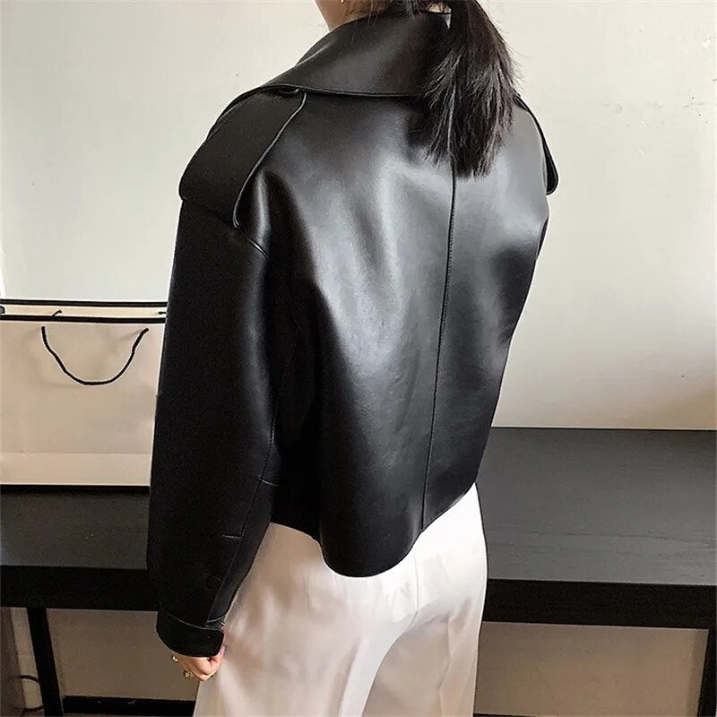 Women's Open-Front Leather-Look Crop Jacket with Statement Lapels