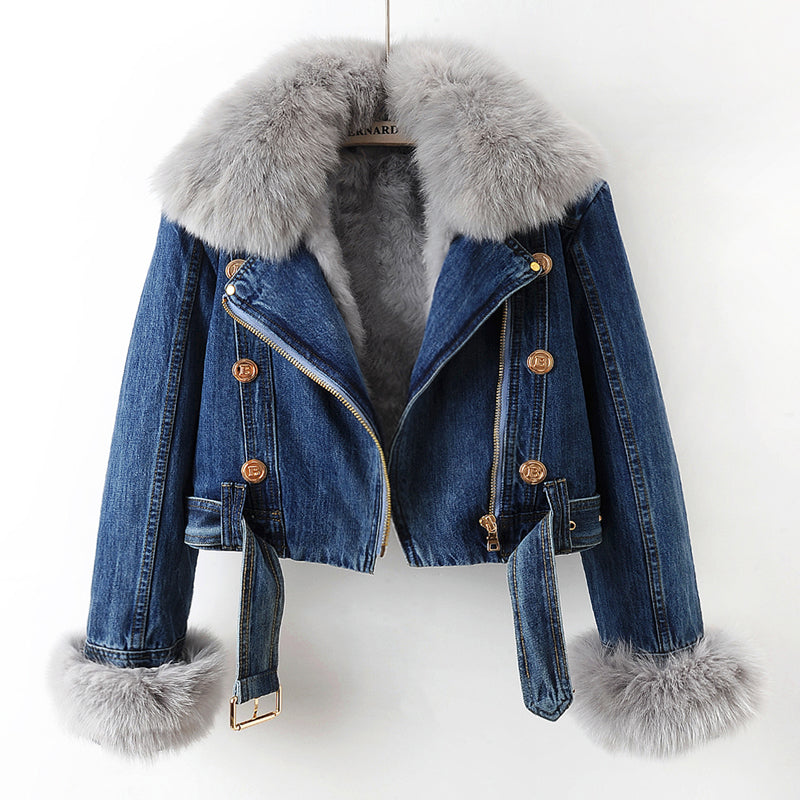Women's Biker-Style Cropped Denim Jacket with Fluffy Cuffs and Belt - Dark Blue