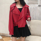 Women's Open-Front Leather-Look Crop Jacket with Statement Lapels - Red