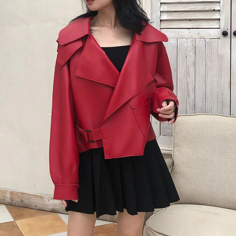 Women's Open-Front Leather-Look Crop Jacket with Statement Lapels - Red