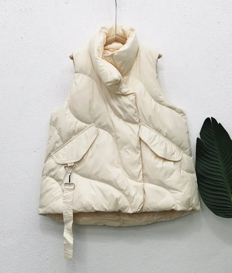 Women's Oversized Padded Gilet with Drawstring Hem and Subtle Sheen - Cream
