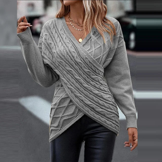 Women's Asymmetric-Hem Cable-Knit Jumper with Crossover V-Neck - Grey
