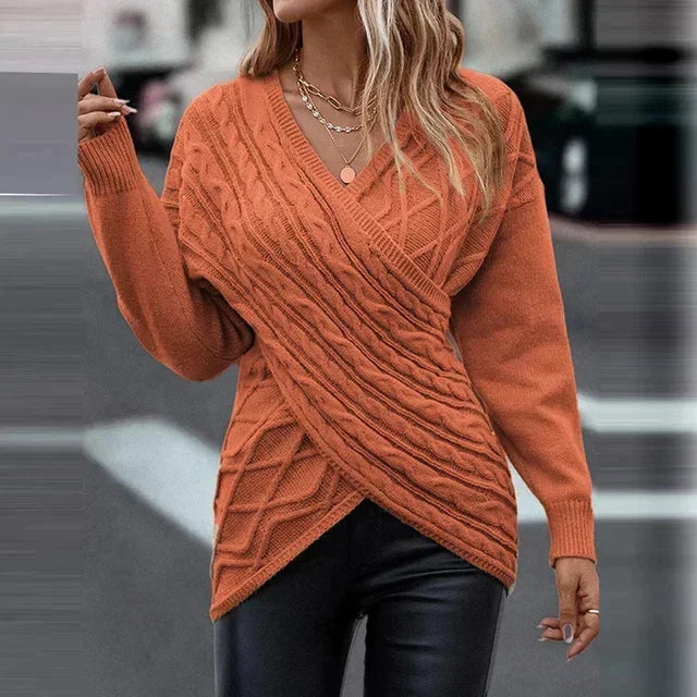 Women's Asymmetric-Hem Cable-Knit Jumper with Crossover V-Neck - Orange