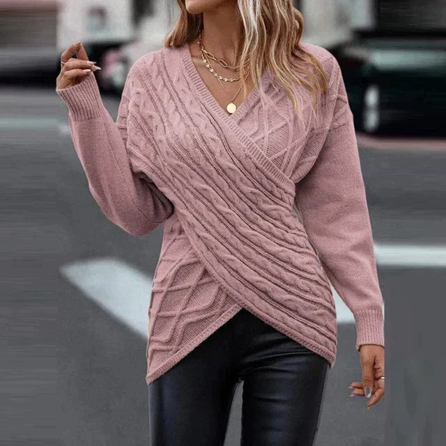 Women's Asymmetric-Hem Cable-Knit Jumper with Crossover V-Neck - Pink