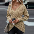 Women's Asymmetric-Hem Cable-Knit Jumper with Crossover V-Neck - Khaki