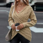 Women's Asymmetric-Hem Cable-Knit Jumper with Crossover V-Neck - Khaki