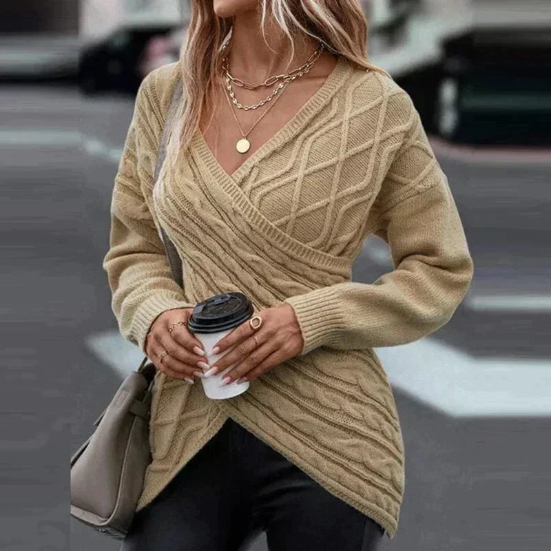 Women's Asymmetric-Hem Cable-Knit Jumper with Crossover V-Neck - Khaki