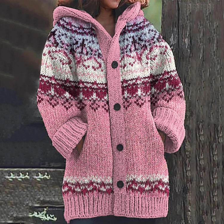 Women's Hooded Fair Isle Cardigan with Front Pockets and Ribbed Hem - Pink