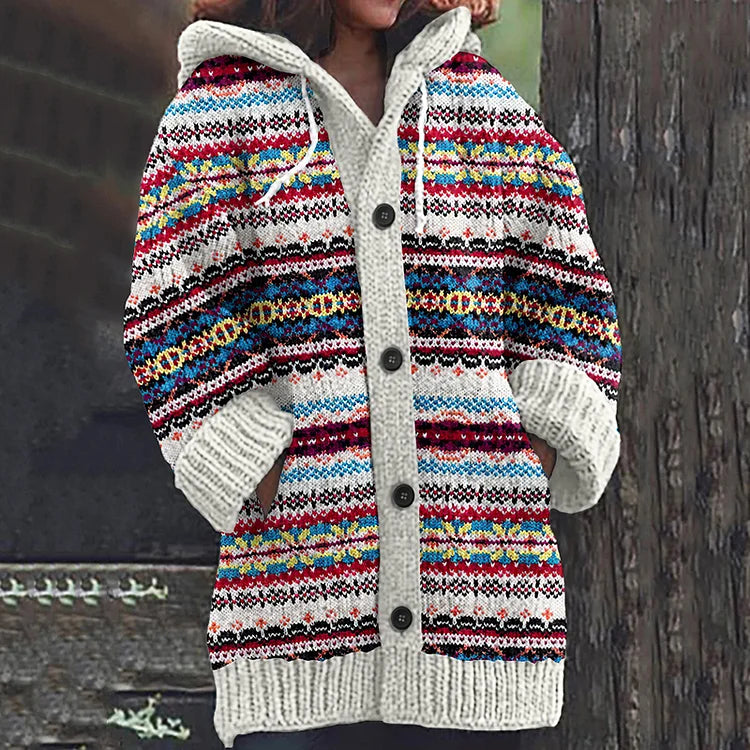 Women's Hooded Fair Isle Cardigan with Front Pockets and Ribbed Hem - White