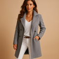 Women's Notch-Lapel Wool Blend Coat with Structured Shoulders - Grey