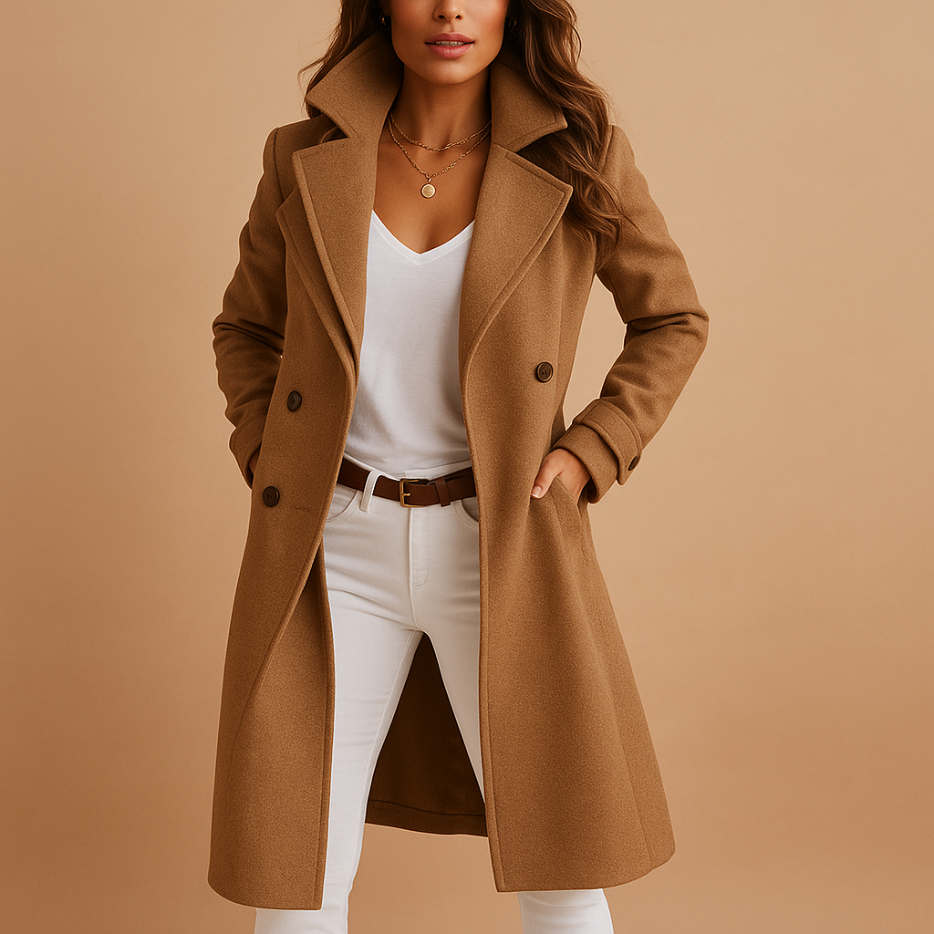Women's Notch-Lapel Wool Blend Coat with Structured Shoulders - Brown